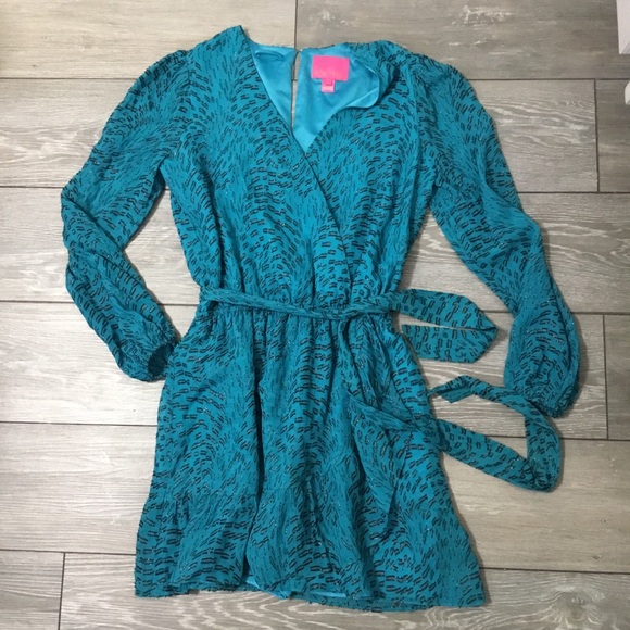 LILLY PULITZER ALFIE Silk Long Sleeve Belted Romper Dress in Teal Bay XS - Picture 5 of 12
